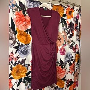 Burgundy Ruched Wrap Midi Dress